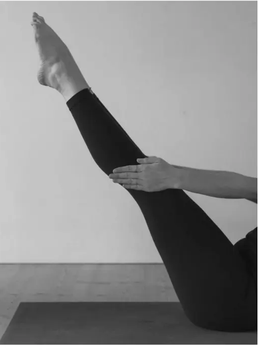 Black and white photograph of a supported leg lift on the mat